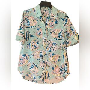 Tyler Böe Sz S Light Blue Tracey Fish Print Button Up Collar Crisp Cotton Shirt